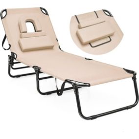 Chaise Longue Pliante Réglable en 5 Positions-Transat Jardin avec Trou pour Visage&3 Coussins Amovibles-Charge 160KG Beige