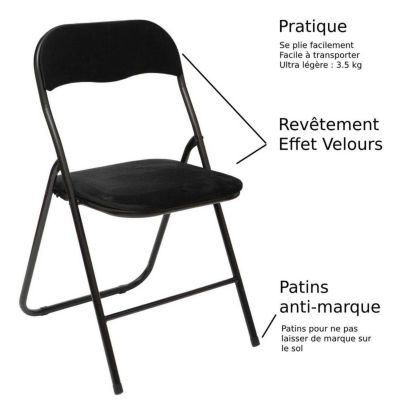 Chaise pliante confortable en métal et velours Noir H 79 cm