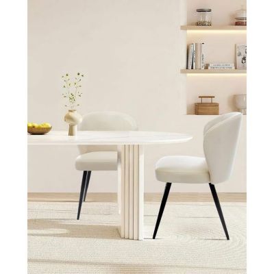 Chaise salle à manger - LOT DE 4 - Cuir - Beige - Dossier incurvé - Pieds en acier