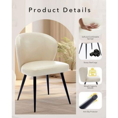 Chaise salle à manger - LOT DE 4 - Cuir - Beige - Dossier incurvé - Pieds en acier