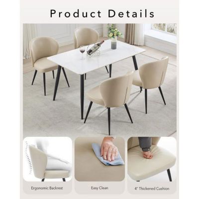 Chaise salle à manger - LOT DE 4 - Cuir - Beige - Dossier incurvé - Pieds en acier