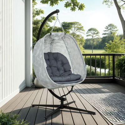 Chaise suspendue œuf, pliable avec cadre, coussin, fauteuil de jardin pour 1 personne