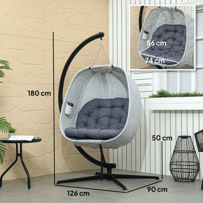 Chaise suspendue œuf, pliable avec cadre, coussin, fauteuil de jardin pour 1 personne