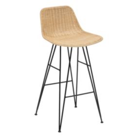 Chaise Tabouret de bar en Rotin naturel et Pieds en acier Noir