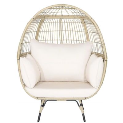 Chaise œuf en rotin à structure métallique avec coussins rembourrés, utilisation intérieur et extérieur, adaptée pour patio