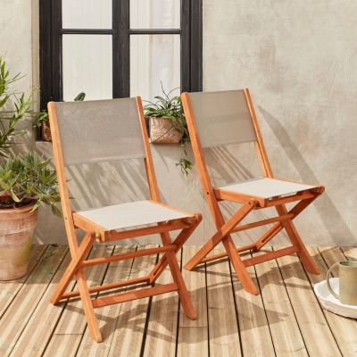 Chaises de jardin en bois et textilène - Almeria Gris taupe - 2 chaises pliantes en bois d'Eucalyptus huilé et textilène
