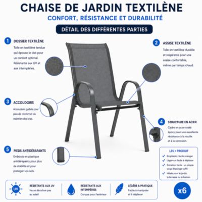 Chaises de jardin tissu x6 - Gris - Empilables- Textilène - H.54 cm - Acier