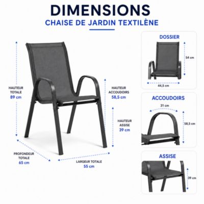 Chaises de jardin tissu x6 - Gris - Empilables- Textilène - H.54 cm - Acier