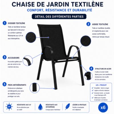Chaises de jardin tissu x6 - Noir - Empilables- Textilène - H.54 cm - Acier