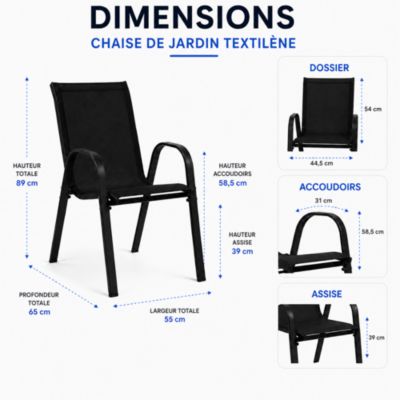 Chaises de jardin tissu x6 - Noir - Empilables- Textilène - H.54 cm - Acier