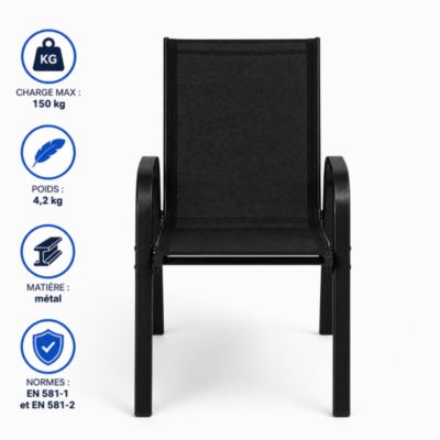 Chaises de jardin tissu x6 - Noir - Empilables- Textilène - H.54 cm - Acier