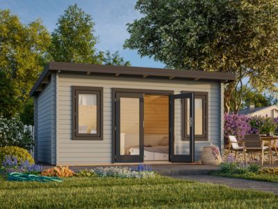 Chalet de jardin en bois Lisa - PALMAKO - Ep.44 mm - 19,2 m² - 470x350 cm - Bois peint gris - Toit plat