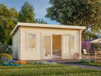 Chalet de jardin en bois Lisa - PALMAKO - Ep.44 mm - 19,2 m² - 470x350 cm - Toit plat - Double porte battante