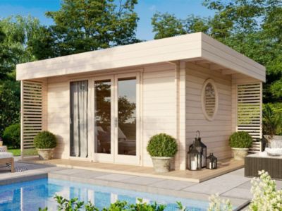 Chalet de Jardin YAHA 12m2 - Bois naturel - Epaisseur des Murs : 44mm - Terrasse - Brise-vues - Traité Autoclave - Abris de jardin