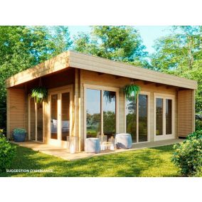 Chalet en Bois LUMIO 19,7M2 - 2 Doubles Portes + 3 Baies Fixes - Madriers épais (44mm) - Serrure à Cylindre - Terrasse