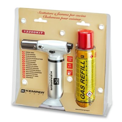 Chalumeau de cuisine à gaz Toutes positions 360 degrés + Cartouche de gaz 160ml Allumage piézo Flamme réglable KEMPER