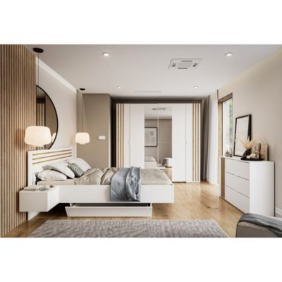 Chambre complète FLORENCE  Lit 160x200 et sommier et tiroirs et armoire et commode  Blanc et chene
