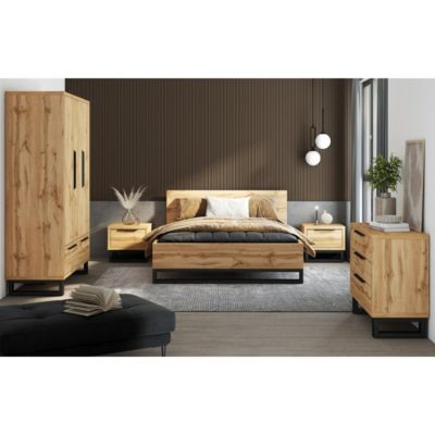 Chambre compléte style industriel collection MILOS : armoire 3 portes, lit 160x200, commode, chevets, chene brut et noir