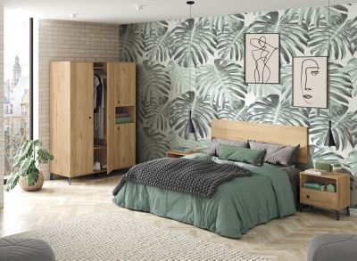Chambre à coucher adulte coloris chêne doré ( armoire + 2 chevets + Tête de lit )