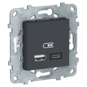 Chargeur USB double 5V 2,4A type A+C Schneider Electric Unica gris anthracite