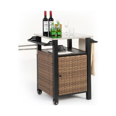 Chariot Bar Extérieur 1 Porte Osier Acier Inox Plateau Marron Blackcolors
