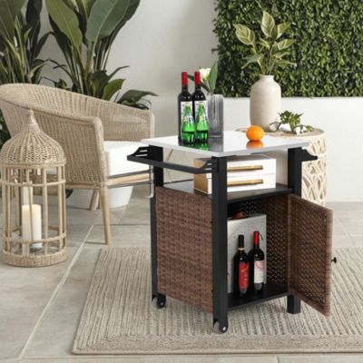 Chariot Bar Extérieur 1 Porte Osier Acier Inox Plateau Marron Blackcolors