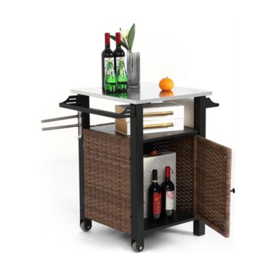 Chariot Bar Extérieur 1 Porte Osier Acier Inox Plateau Marron Blackcolors