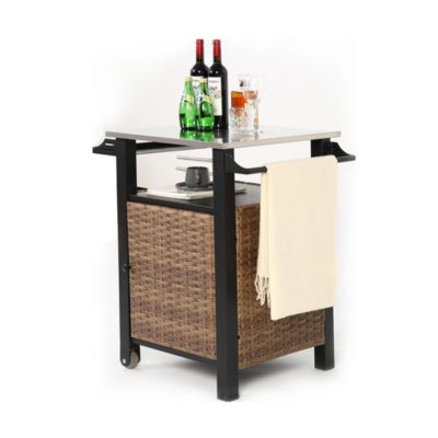 Chariot Bar Extérieur 1 Porte Osier Acier Inox Plateau Marron Blackcolors
