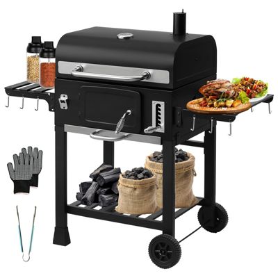 Barbecue à Charbon, Chariot Grill, Inclus 2 Grilles,Cendrier, Étagères avec Crochets, Bac Charbon Réglable, Ventilation et 2 Roulettes| Chariot à Barbecue |Grill XLL à Charbon de Bois(107*115*68cm