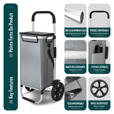 Chariot de course pliable aluminium 2 roues avec sac isotherme gris VOUNOT