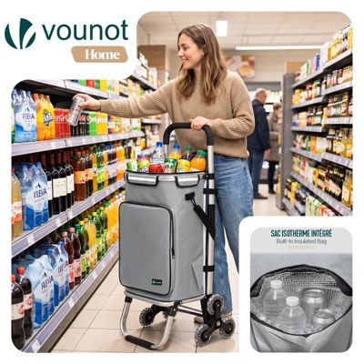 Chariot de course pliable monte escalier aluminium avec crochets gris VOUNOT