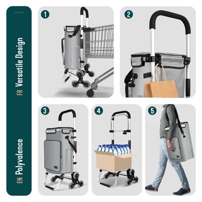 Chariot de course pliable monte escalier aluminium avec crochets gris VOUNOT
