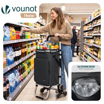 Chariot de course pliable monte escalier aluminium avec crochets noir VOUNOT