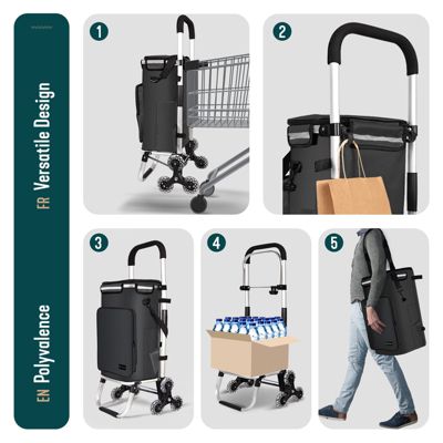 Chariot de course pliable monte escalier aluminium avec crochets noir VOUNOT
