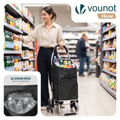 Chariot de course pliable monte escalier aluminium avec crochets noir VOUNOT