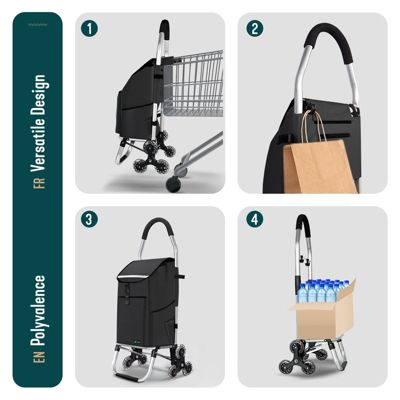Chariot de course pliable monte escalier aluminium avec crochets noir VOUNOT