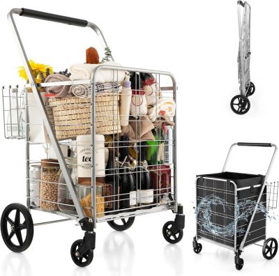 Chariot de Courses Pliable Charge 100KG 2 Roues Pivotantes avec Panier Doublure en Oxford Argent