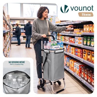 Chariot de courses pliable monte escalier aluminium avec sac isotherme gris VOUNOT