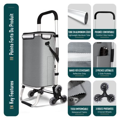 Chariot de courses pliable monte escalier aluminium avec sac isotherme gris VOUNOT