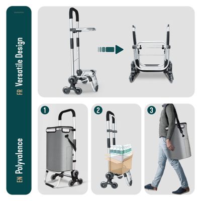 Chariot de courses pliable monte escalier aluminium avec sac isotherme gris VOUNOT