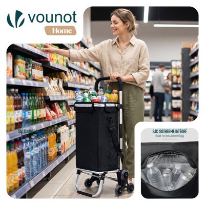 Chariot de courses pliable monte escalier aluminium avec sac isotherme noir VOUNOT