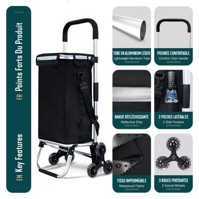 Chariot de courses pliable monte escalier aluminium avec sac isotherme noir VOUNOT