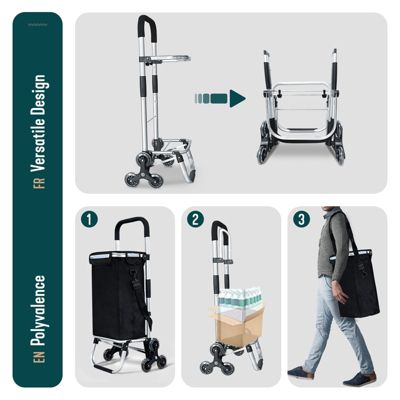 Chariot de courses pliable monte escalier aluminium avec sac isotherme noir VOUNOT