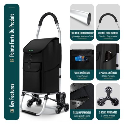 Chariot de courses pliable monte escalier aluminium noir VOUNOT