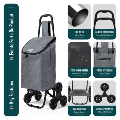Chariot de courses pliable monte escalier style oxford gris VOUNOT