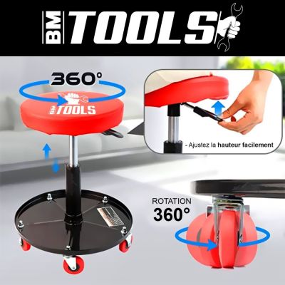 Chariot de garagiste BM TOOLS BMT-STOOL siège pivotant Hauteur réglable, à roulettes / Supports OUTILS - Réparation Automobile
