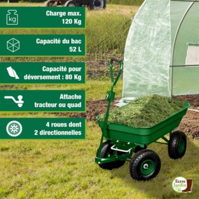 Chariot de jardin 4 roues - 52 litres capacité 120 kg