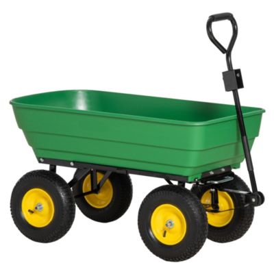 Chariot de jardin à main benne basculante 75L charge max. 200 Kg 4 roues pneumatiques acier PP jaune vert