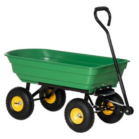 Chariot de jardin à main benne basculante 75L charge max. 200 Kg 4 roues pneumatiques acier PP jaune vert