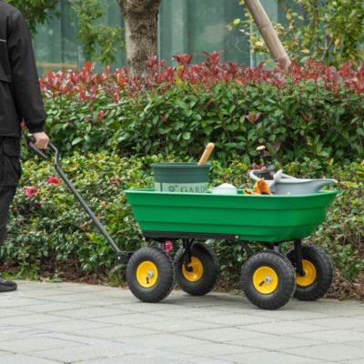Chariot de jardin à main benne basculante 75L charge max. 200 Kg 4 roues pneumatiques acier PP jaune vert